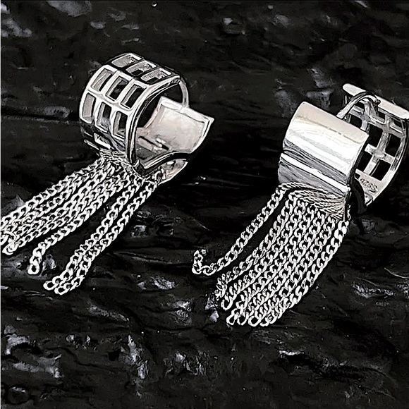 Sterling Silver Chain Tassel Fringe Punk Earrings - Picture 5 of 6